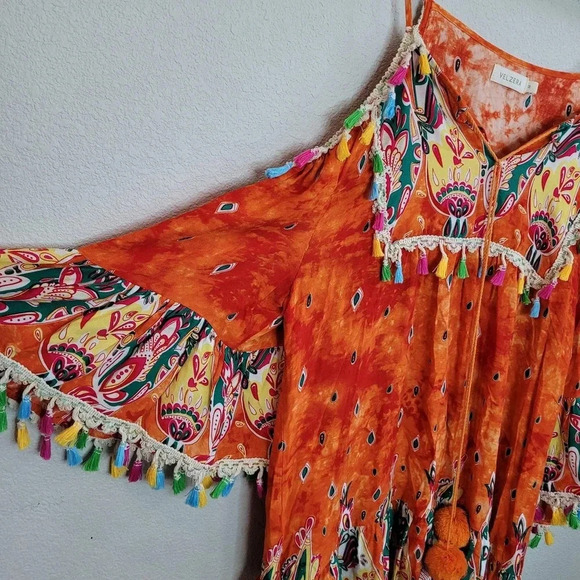 Velzera Anthropologie Tunic Dress Womens M Orange Cold Shoulder Bell Sleeve - Picture 3 of 10